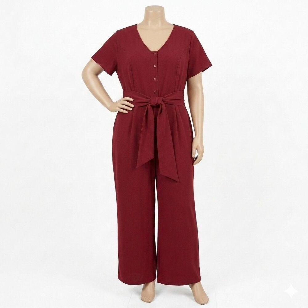 Avenue Womens Jumpsuit Sz 22 Red Back Zip Tie Belt Pockets V-Neck Short Sleeve